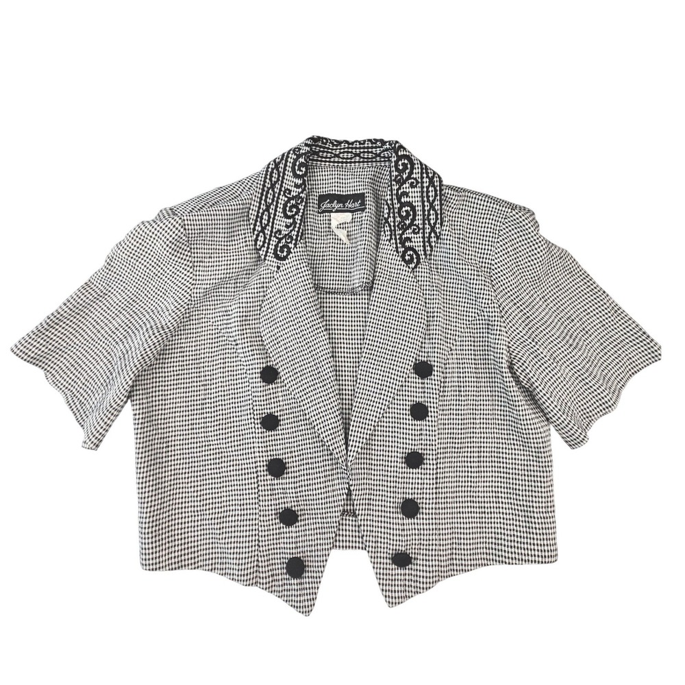 Vintage Jaclyn Hart Gingham Cropped Blazer Short Sleeve Embroidered Collar sz 6